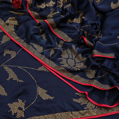 Rare Vintage Blue Pure Satin Silk Saree Hand Embroidered Fabric 6 Yards Sari Bollywood Party Wear Ethnic Designer Saree