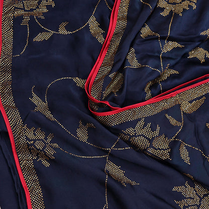 Rare Vintage Blue Pure Satin Silk Saree Hand Embroidered Fabric 6 Yards Sari Bollywood Party Wear Ethnic Designer Saree