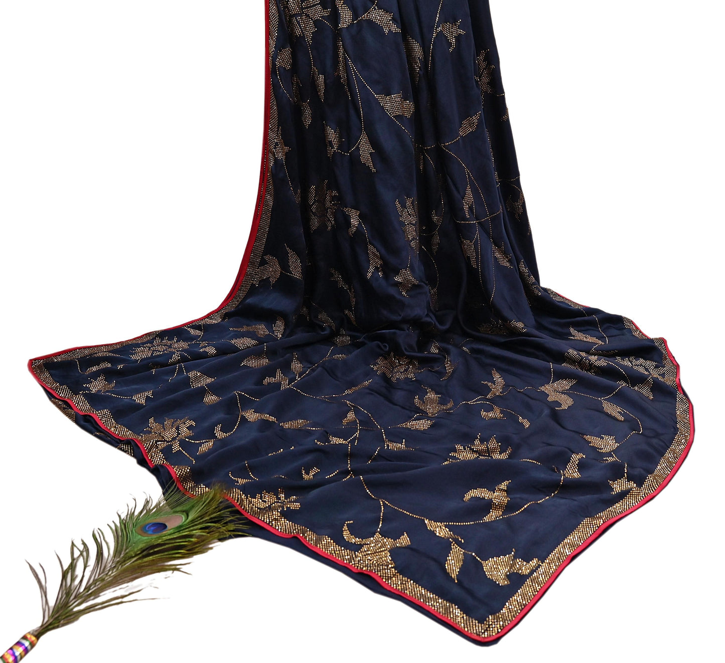 Rare Vintage Blue Pure Satin Silk Saree Hand Embroidered Fabric 6 Yards Sari Bollywood Party Wear Ethnic Designer Saree