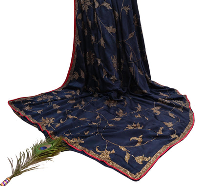 Rare Vintage Blue Pure Satin Silk Saree Hand Embroidered Fabric 6 Yards Sari Bollywood Party Wear Ethnic Designer Saree