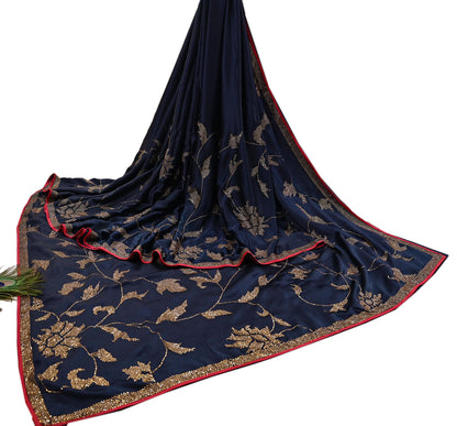 Rare Vintage Blue Pure Satin Silk Saree Hand Embroidered Fabric 6 Yards Sari Bollywood Party Wear Ethnic Designer Saree