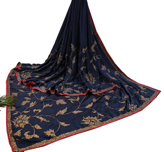 Rare Vintage Blue Pure Satin Silk Saree Hand Embroidered Fabric 6 Yards Sari Bollywood Party Wear Ethnic Designer Saree