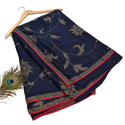 Rare Vintage Blue Pure Satin Silk Saree Hand Embroidered Fabric 6 Yards Sari Bollywood Party Wear Ethnic Designer Saree