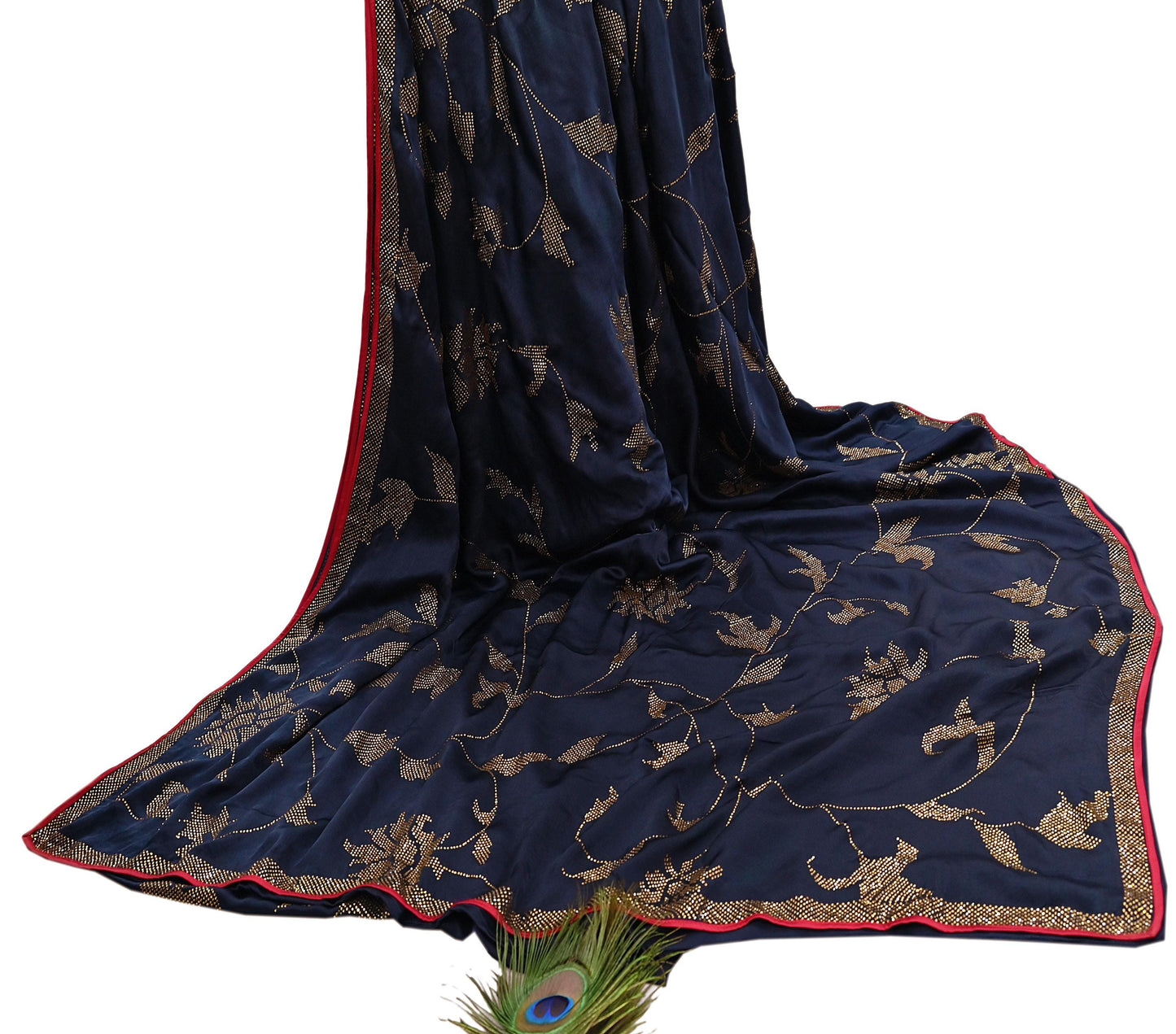 Rare Vintage Blue Pure Satin Silk Saree Hand Embroidered Fabric 6 Yards Sari Bollywood Party Wear Ethnic Designer Saree