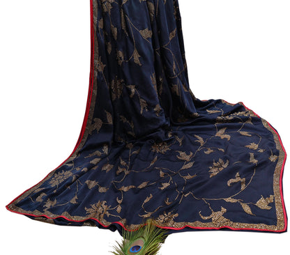 Rare Vintage Blue Pure Satin Silk Saree Hand Embroidered Fabric 6 Yards Sari Bollywood Party Wear Ethnic Designer Saree