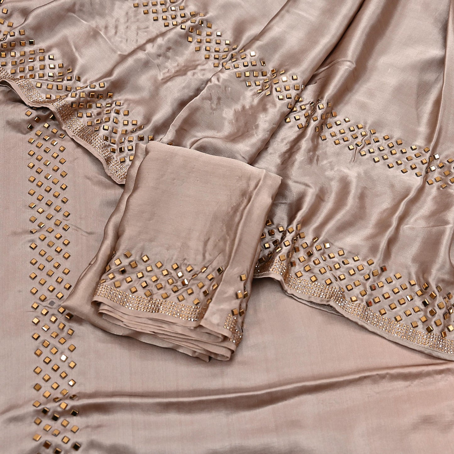 Rare Vintage Brown & Peach Pure Satin Silk Saree Hand Embroidered Fabric 5.5 Yards Sari Bollywood Party Wear Ethnic Saree with Blouse Fabric