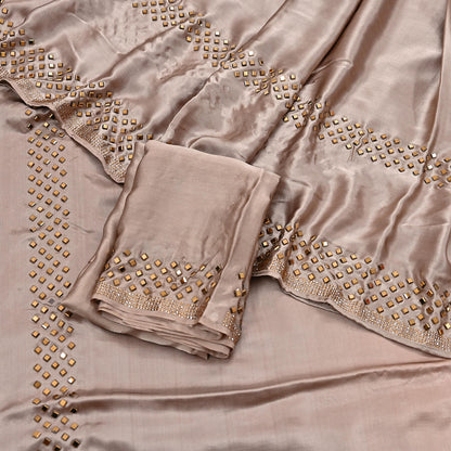 Rare Vintage Brown & Peach Pure Satin Silk Saree Hand Embroidered Fabric 5.5 Yards Sari Bollywood Party Wear Ethnic Saree with Blouse Fabric