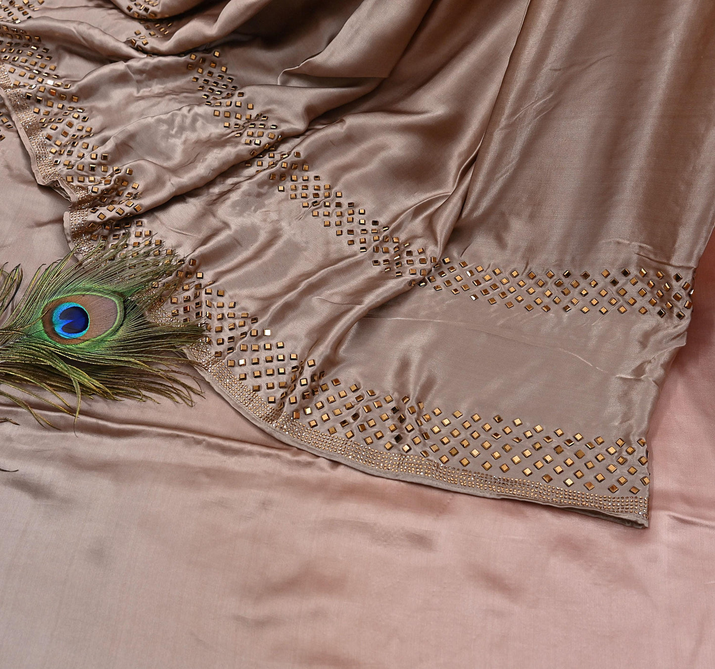 Rare Vintage Brown & Peach Pure Satin Silk Saree Hand Embroidered Fabric 5.5 Yards Sari Bollywood Party Wear Ethnic Saree with Blouse Fabric