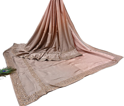 Rare Vintage Brown & Peach Pure Satin Silk Saree Hand Embroidered Fabric 5.5 Yards Sari Bollywood Party Wear Ethnic Saree with Blouse Fabric