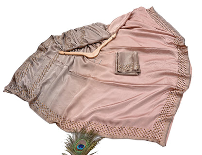 Rare Vintage Brown & Peach Pure Satin Silk Saree Hand Embroidered Fabric 5.5 Yards Sari Bollywood Party Wear Ethnic Saree with Blouse Fabric