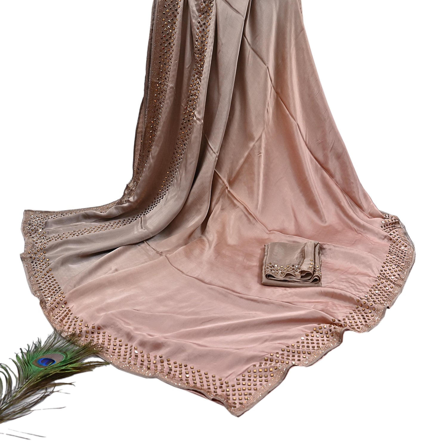 Rare Vintage Brown & Peach Pure Satin Silk Saree Hand Embroidered Fabric 5.5 Yards Sari Bollywood Party Wear Ethnic Saree with Blouse Fabric