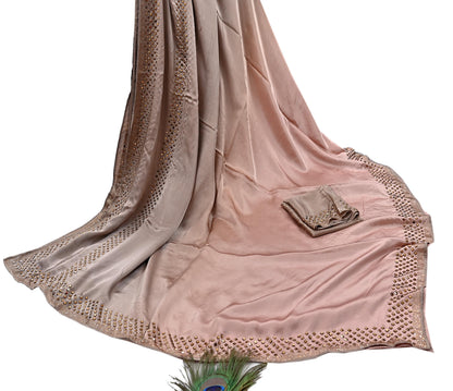 Rare Vintage Brown & Peach Pure Satin Silk Saree Hand Embroidered Fabric 5.5 Yards Sari Bollywood Party Wear Ethnic Saree with Blouse Fabric