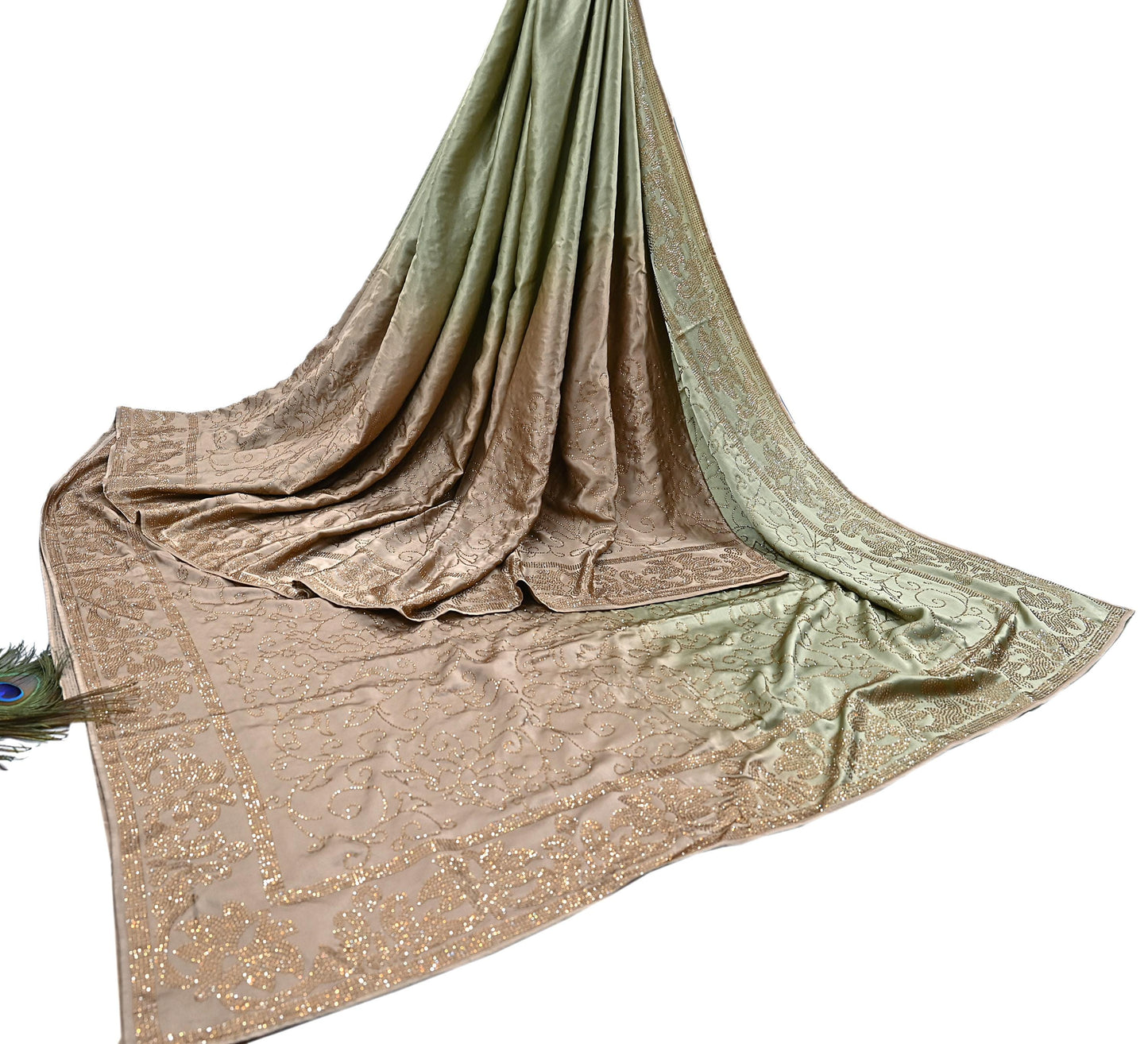 Rare Vintage Brown & Green Pure Satin Silk Saree Hand Embroidered Fabric 5.5 Yards Sari Bollywood Party Wear Ethnic Saree with Blouse Fabric
