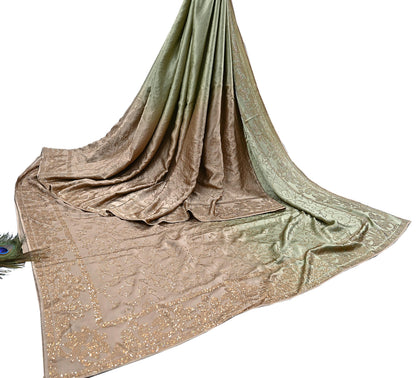 Rare Vintage Brown & Green Pure Satin Silk Saree Hand Embroidered Fabric 5.5 Yards Sari Bollywood Party Wear Ethnic Saree with Blouse Fabric