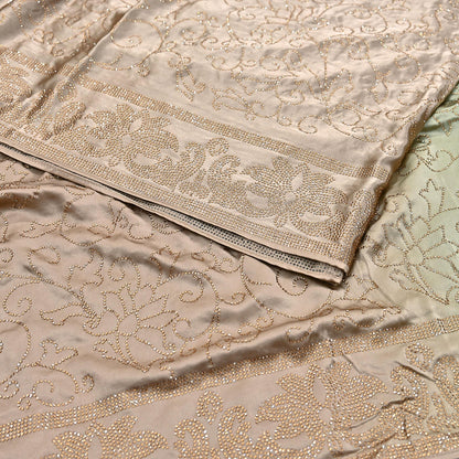 Rare Vintage Brown & Green Pure Satin Silk Saree Hand Embroidered Fabric 5.5 Yards Sari Bollywood Party Wear Ethnic Saree with Blouse Fabric