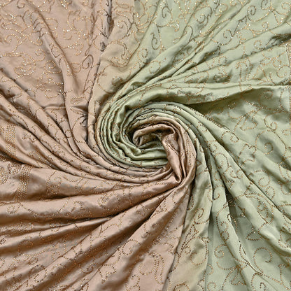 Rare Vintage Brown & Green Pure Satin Silk Saree Hand Embroidered Fabric 5.5 Yards Sari Bollywood Party Wear Ethnic Saree with Blouse Fabric