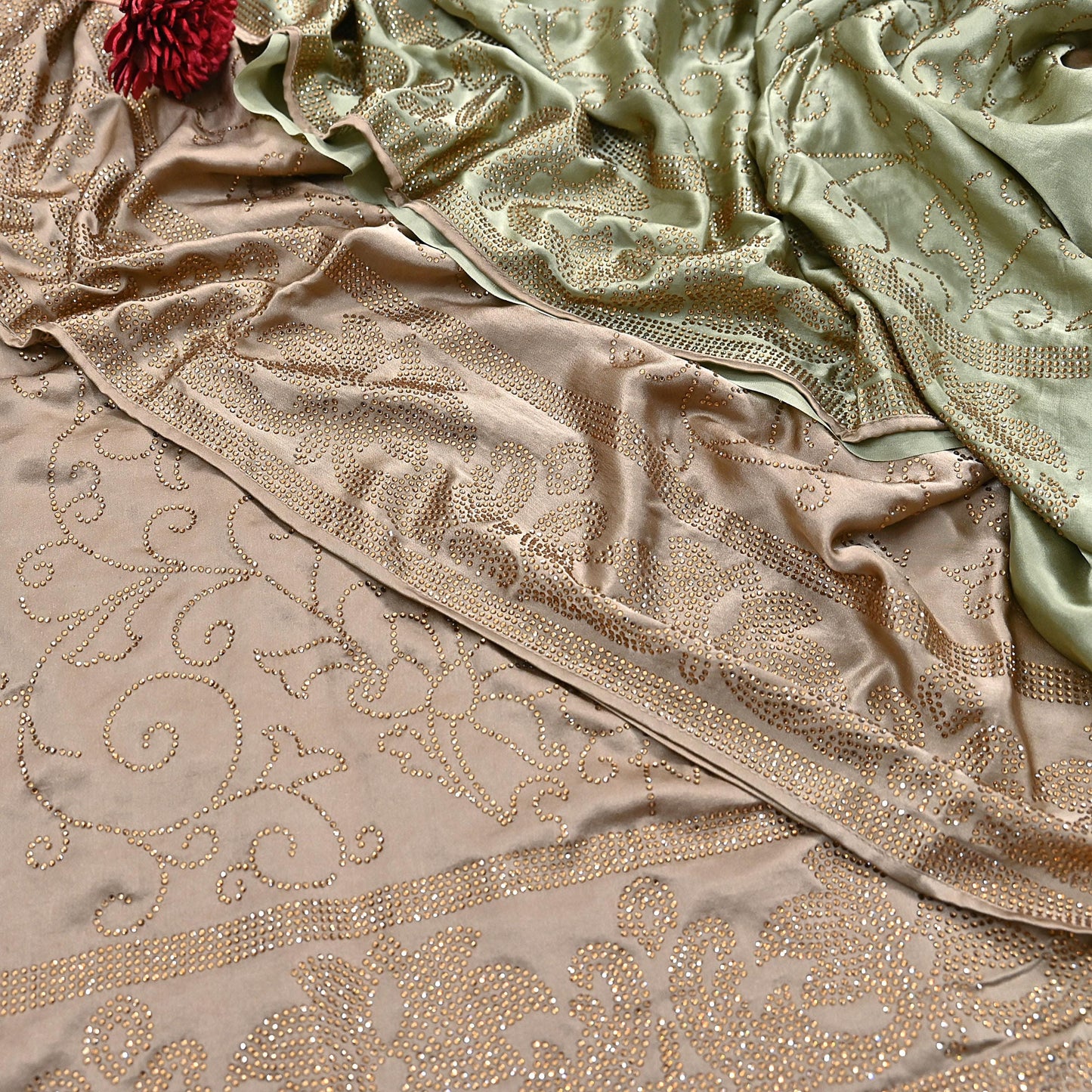 Rare Vintage Brown & Green Pure Satin Silk Saree Hand Embroidered Fabric 5.5 Yards Sari Bollywood Party Wear Ethnic Saree with Blouse Fabric