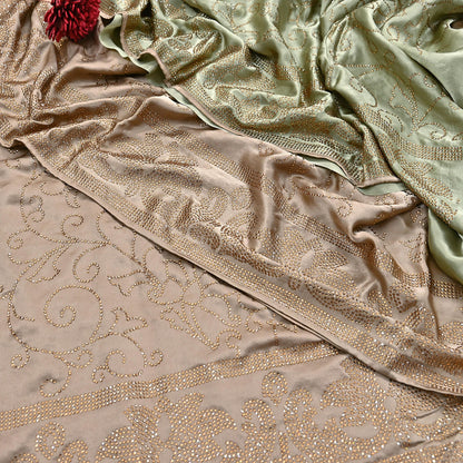 Rare Vintage Brown & Green Pure Satin Silk Saree Hand Embroidered Fabric 5.5 Yards Sari Bollywood Party Wear Ethnic Saree with Blouse Fabric