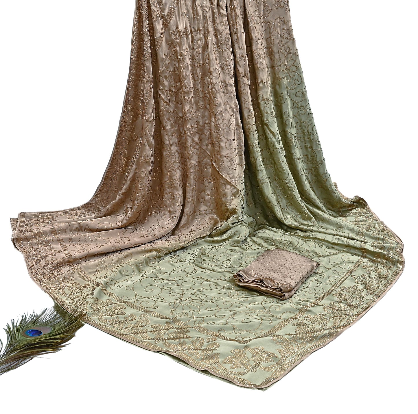 Rare Vintage Brown & Green Pure Satin Silk Saree Hand Embroidered Fabric 5.5 Yards Sari Bollywood Party Wear Ethnic Saree with Blouse Fabric