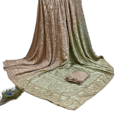 Rare Vintage Brown & Green Pure Satin Silk Saree Hand Embroidered Fabric 5.5 Yards Sari Bollywood Party Wear Ethnic Saree with Blouse Fabric