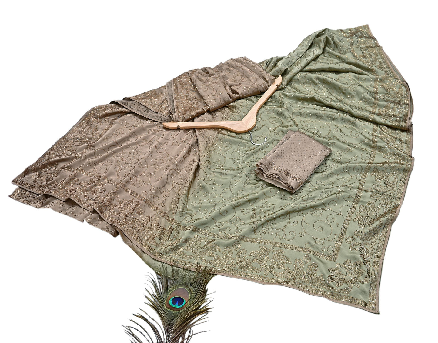 Rare Vintage Brown & Green Pure Satin Silk Saree Hand Embroidered Fabric 5.5 Yards Sari Bollywood Party Wear Ethnic Saree with Blouse Fabric