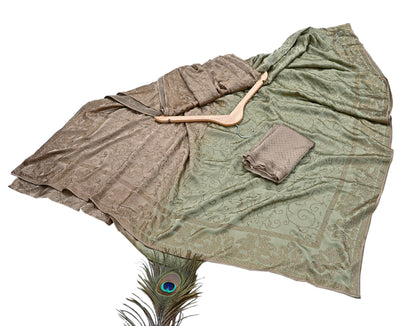Rare Vintage Brown & Green Pure Satin Silk Saree Hand Embroidered Fabric 5.5 Yards Sari Bollywood Party Wear Ethnic Saree with Blouse Fabric