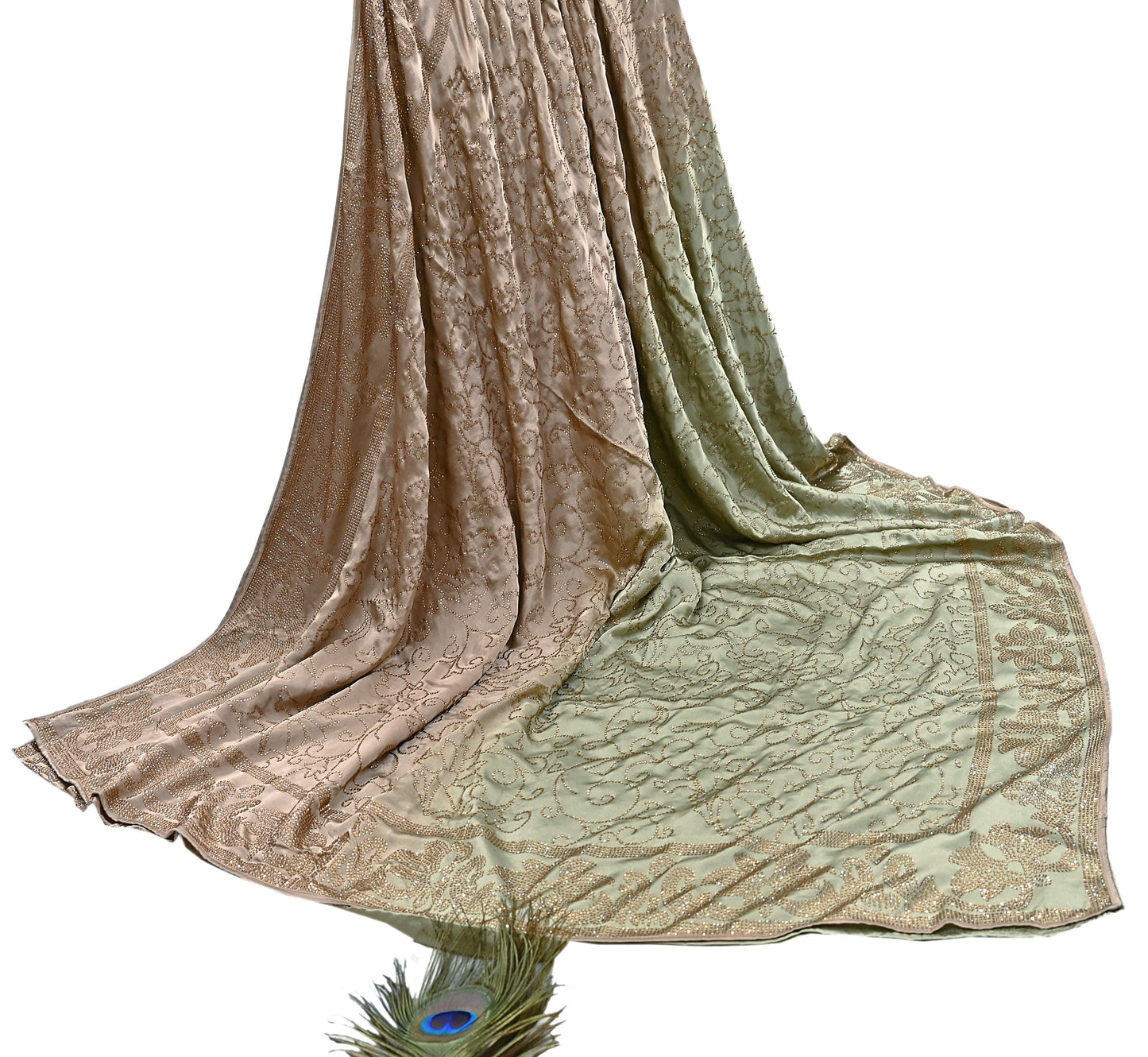 Rare Vintage Brown & Green Pure Satin Silk Saree Hand Embroidered Fabric 5.5 Yards Sari Bollywood Party Wear Ethnic Saree with Blouse Fabric
