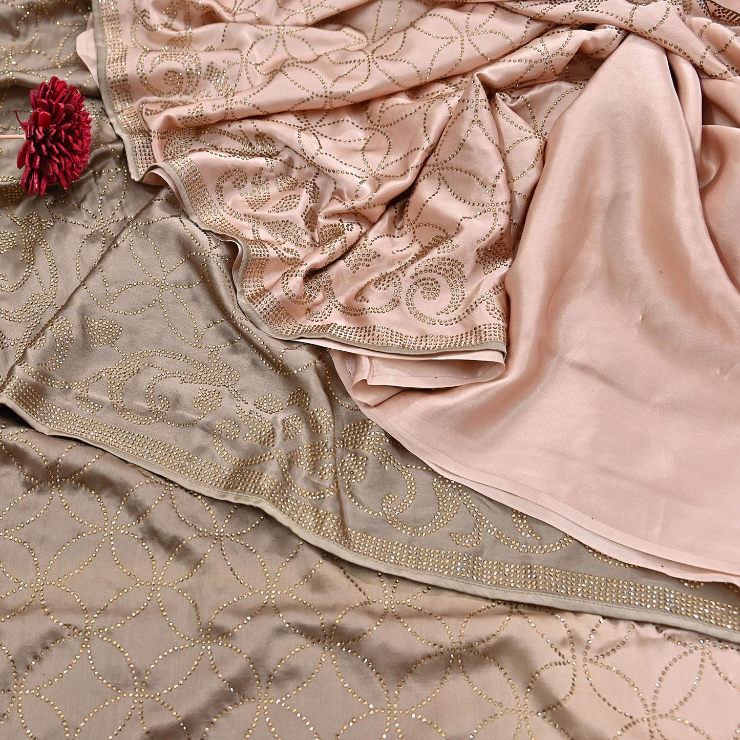 Rare Vintage Brown & Peach Pure Satin Silk Saree Hand Embroidered Fabric 5.5 Yards Sari Bollywood Party Wear Ethnic Saree