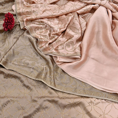 Rare Vintage Brown & Peach Pure Satin Silk Saree Hand Embroidered Fabric 5.5 Yards Sari Bollywood Party Wear Ethnic Saree