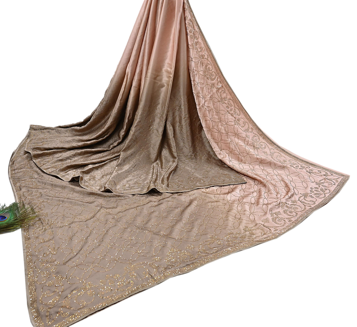 Rare Vintage Brown & Peach Pure Satin Silk Saree Hand Embroidered Fabric 5.5 Yards Sari Bollywood Party Wear Ethnic Saree