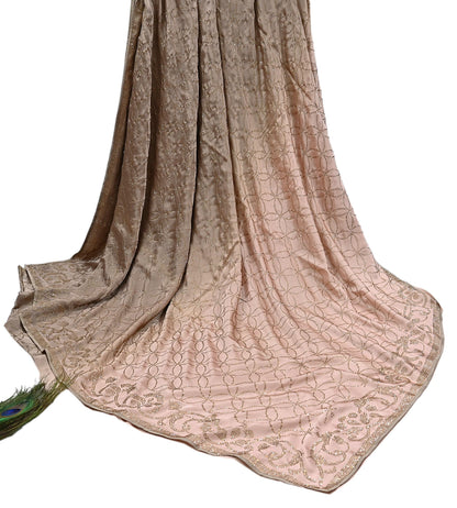Rare Vintage Brown & Peach Pure Satin Silk Saree Hand Embroidered Fabric 5.5 Yards Sari Bollywood Party Wear Ethnic Saree
