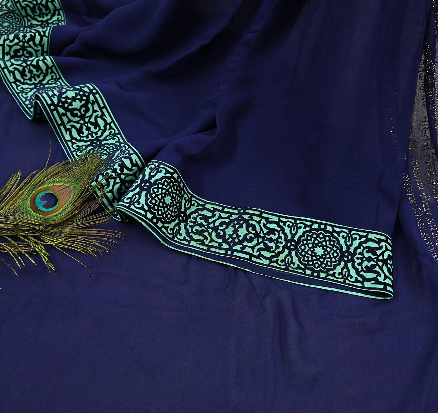Rare Vintage Sea Blue Pure Chiffon Silk Saree Hand Embroidered Fabric 6 Yards Sari Bollywood Party Wear Ethnic saree With Blouse Fabric