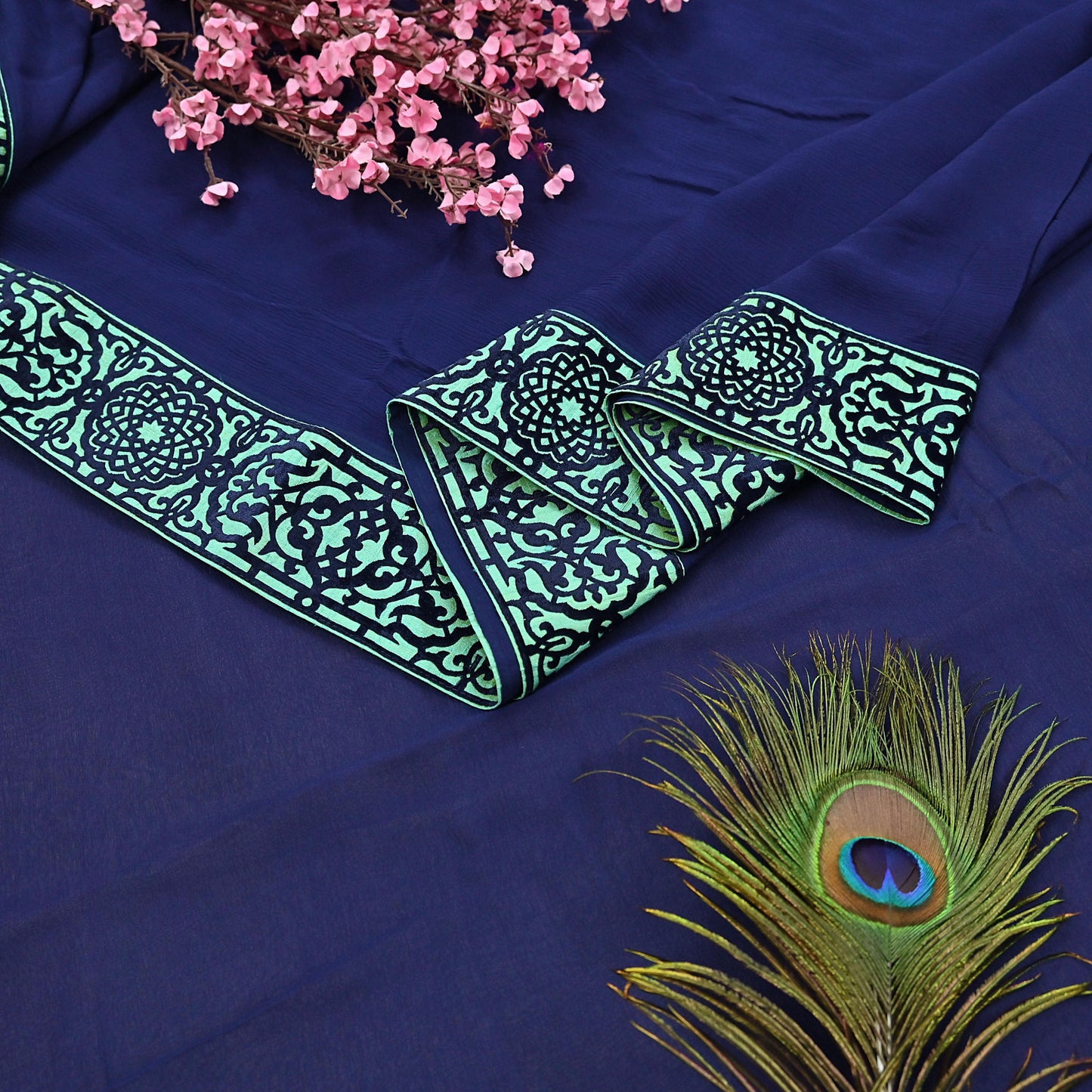 Rare Vintage Sea Blue Pure Chiffon Silk Saree Hand Embroidered Fabric 6 Yards Sari Bollywood Party Wear Ethnic saree With Blouse Fabric