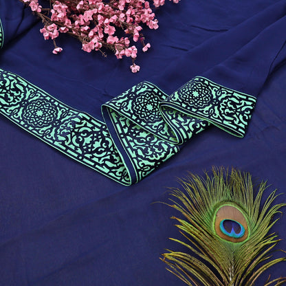 Rare Vintage Sea Blue Pure Chiffon Silk Saree Hand Embroidered Fabric 6 Yards Sari Bollywood Party Wear Ethnic saree With Blouse Fabric