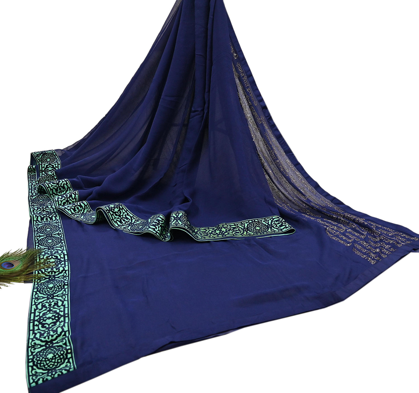 Rare Vintage Sea Blue Pure Chiffon Silk Saree Hand Embroidered Fabric 6 Yards Sari Bollywood Party Wear Ethnic saree With Blouse Fabric