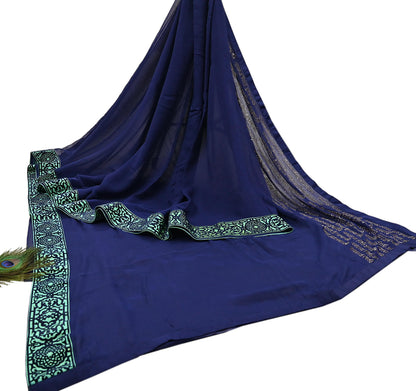 Rare Vintage Sea Blue Pure Chiffon Silk Saree Hand Embroidered Fabric 6 Yards Sari Bollywood Party Wear Ethnic saree With Blouse Fabric