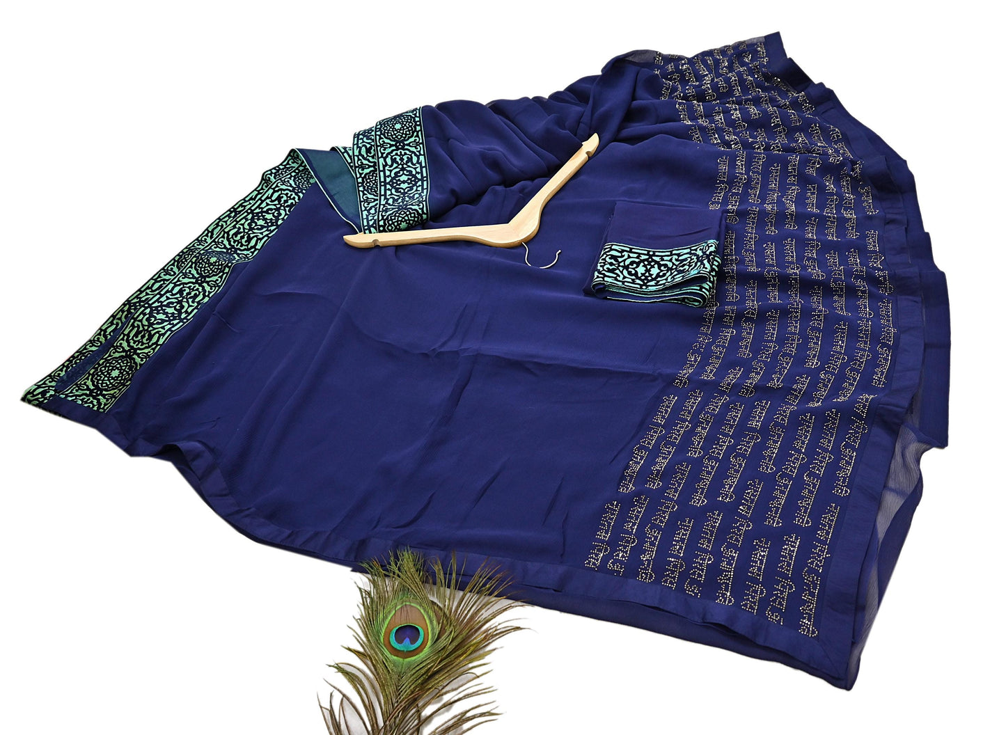 Rare Vintage Sea Blue Pure Chiffon Silk Saree Hand Embroidered Fabric 6 Yards Sari Bollywood Party Wear Ethnic saree With Blouse Fabric