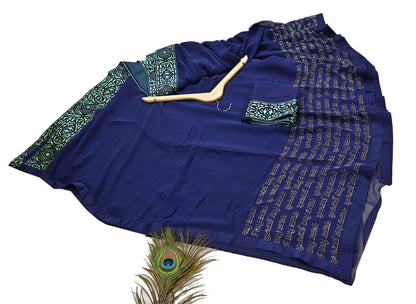 Rare Vintage Sea Blue Pure Chiffon Silk Saree Hand Embroidered Fabric 6 Yards Sari Bollywood Party Wear Ethnic saree With Blouse Fabric