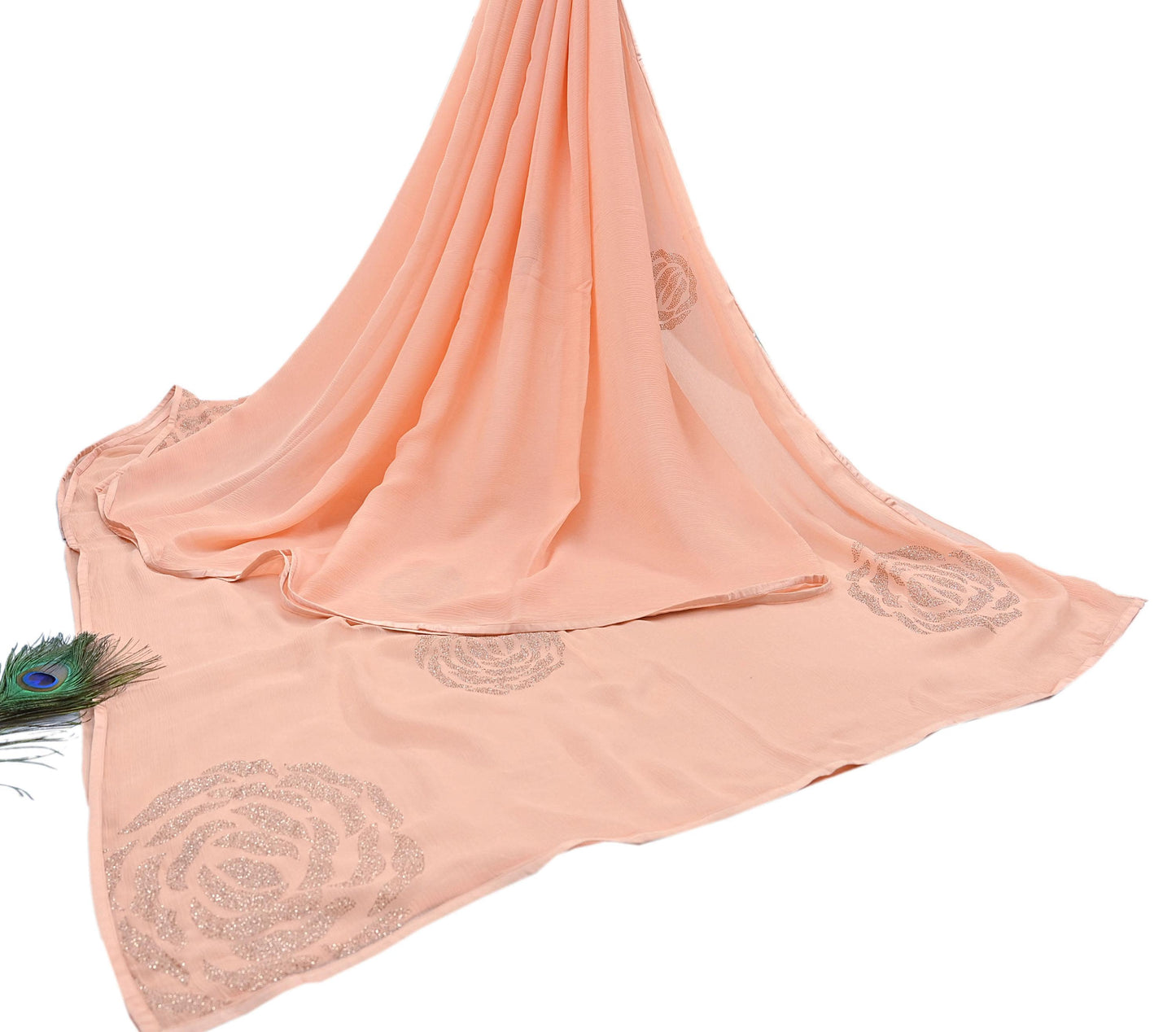Rare Vintage Peach Pure Chiffon Silk Saree Hand Embroidered Fabric 6 Yards Sari Bollywood Party Wear Ethnic saree With Satin Blouse Fabric