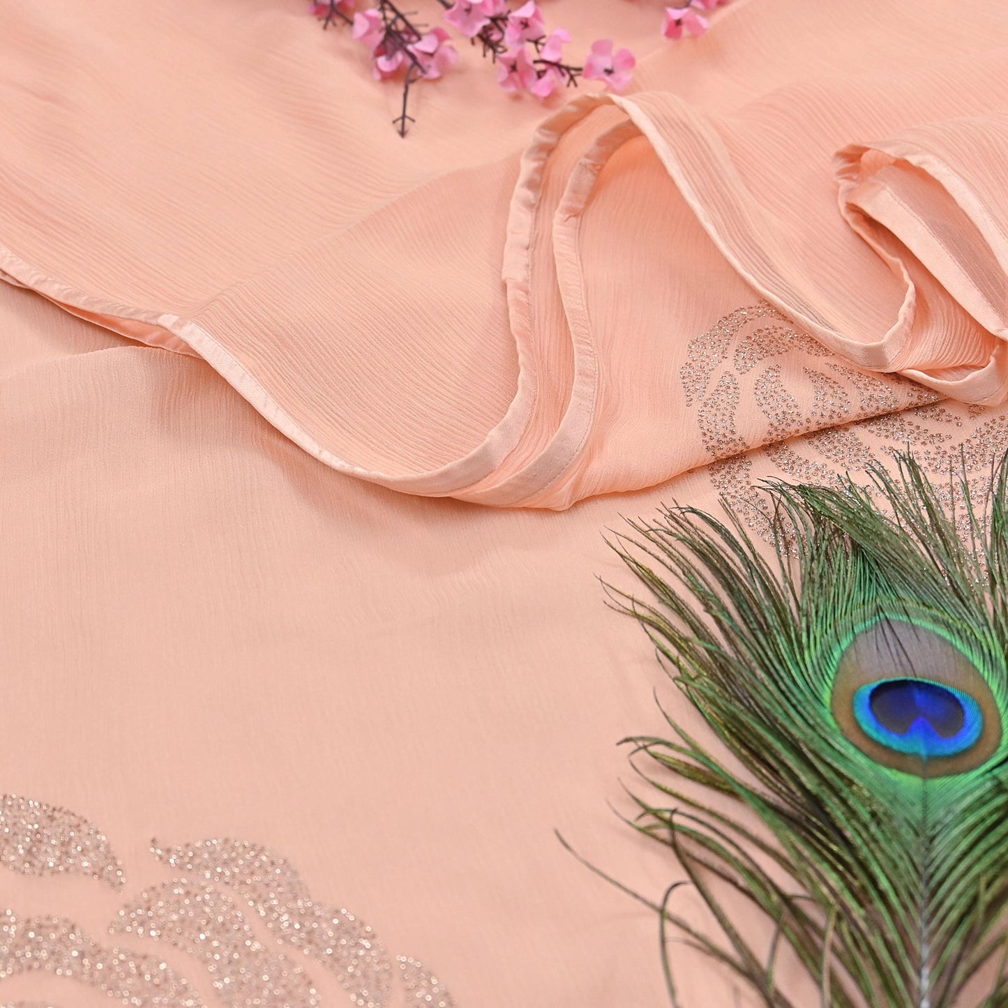 Rare Vintage Peach Pure Chiffon Silk Saree Hand Embroidered Fabric 6 Yards Sari Bollywood Party Wear Ethnic saree With Satin Blouse Fabric
