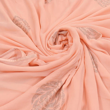 Rare Vintage Peach Pure Chiffon Silk Saree Hand Embroidered Fabric 6 Yards Sari Bollywood Party Wear Ethnic saree With Satin Blouse Fabric