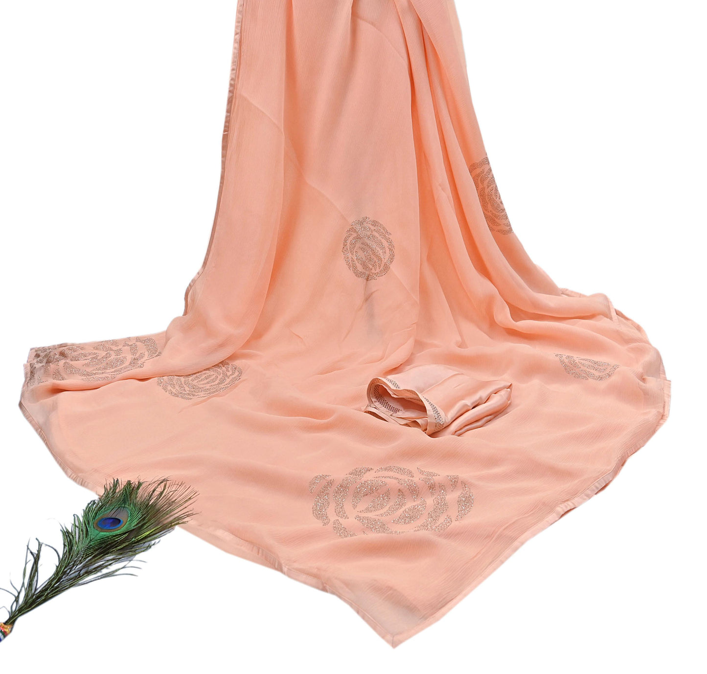 Rare Vintage Peach Pure Chiffon Silk Saree Hand Embroidered Fabric 6 Yards Sari Bollywood Party Wear Ethnic saree With Satin Blouse Fabric