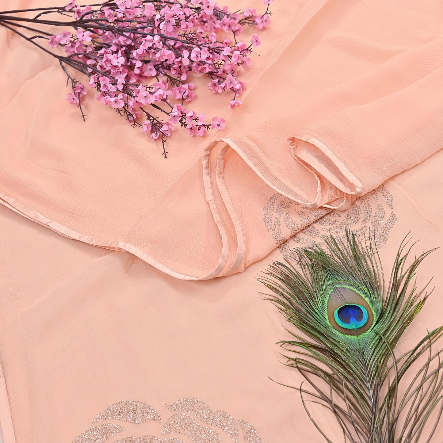 Rare Vintage Peach Pure Chiffon Silk Saree Hand Embroidered Fabric 6 Yards Sari Bollywood Party Wear Ethnic saree With Satin Blouse Fabric