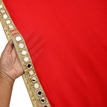 Rare Vintage Red Chiffon Silk Saree Hand Beaded Mirror Sari 5.5 Yards Bollywood Party Wear Ethnic