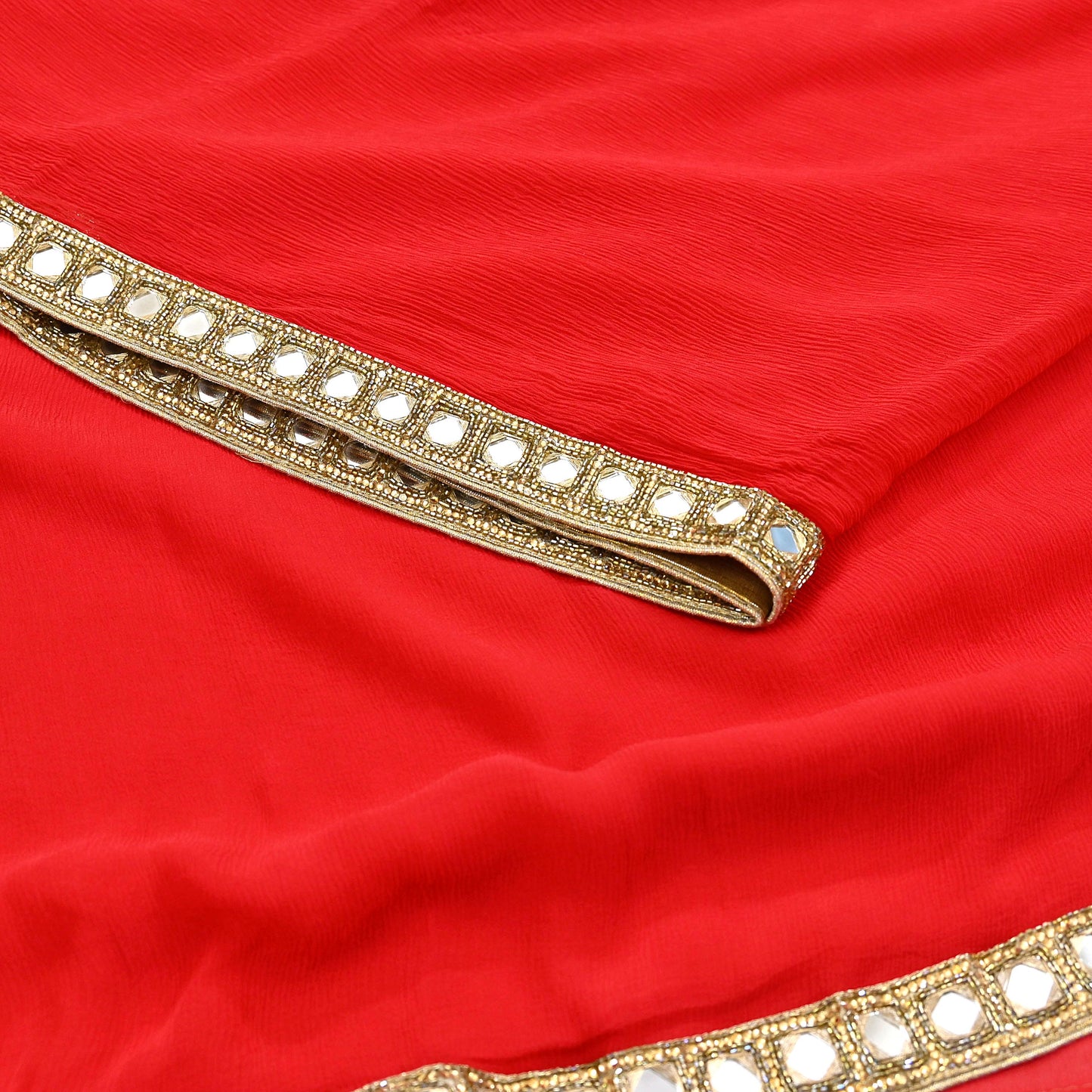 Rare Vintage Red Chiffon Silk Saree Hand Beaded Mirror Sari 5.5 Yards Bollywood Party Wear Ethnic