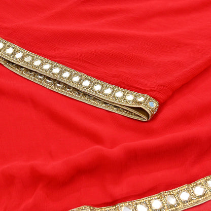 Rare Vintage Red Chiffon Silk Saree Hand Beaded Mirror Sari 5.5 Yards Bollywood Party Wear Ethnic