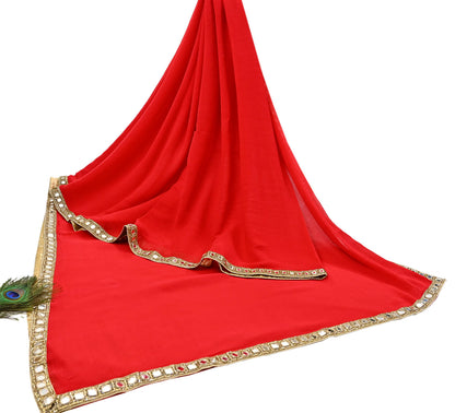Rare Vintage Red Chiffon Silk Saree Hand Beaded Mirror Sari 5.5 Yards Bollywood Party Wear Ethnic