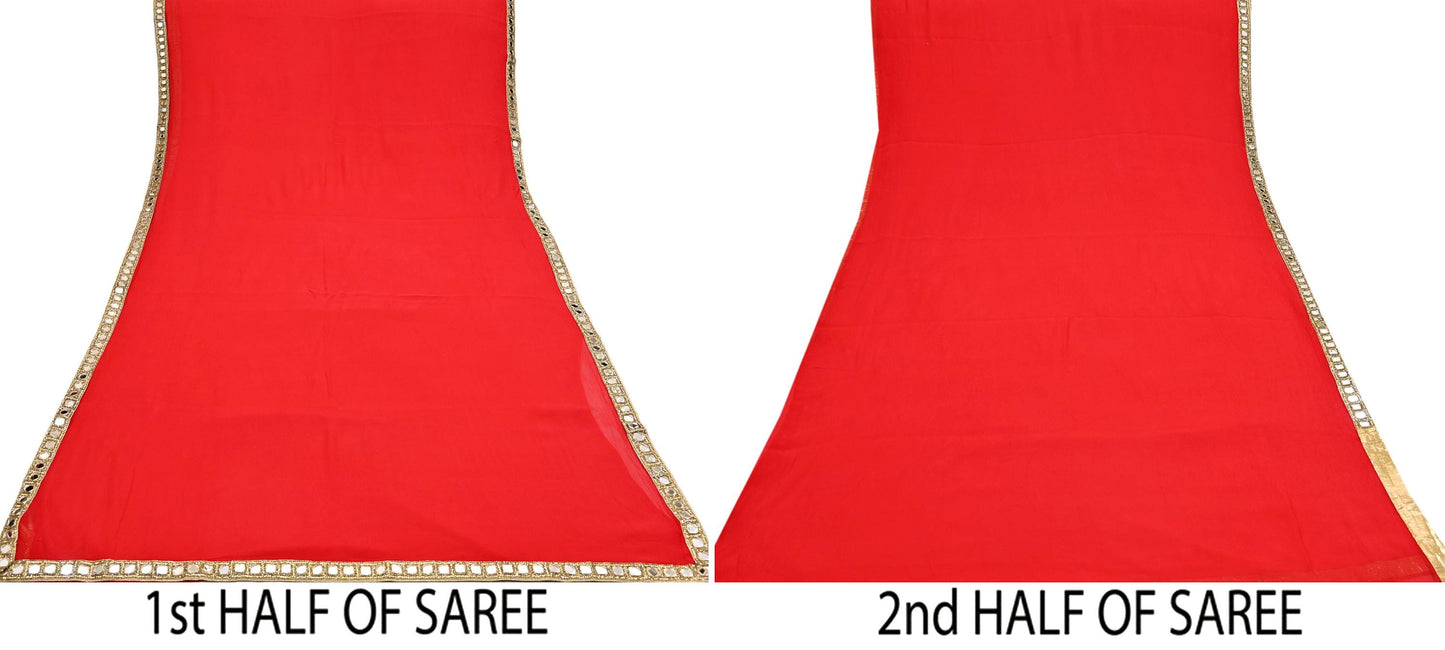 Rare Vintage Red Chiffon Silk Saree Hand Beaded Mirror Sari 5.5 Yards Bollywood Party Wear Ethnic