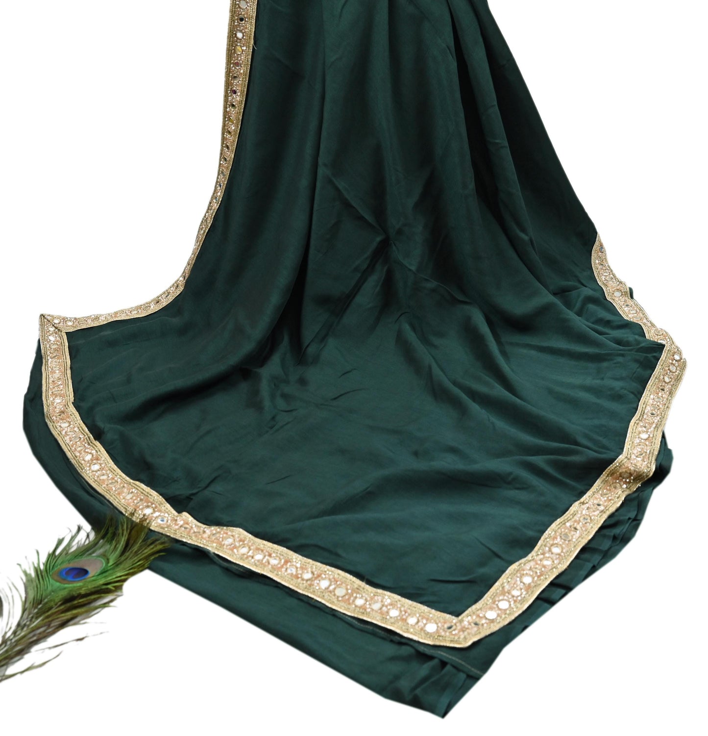 Rare Vintage Deep Green Mirror Pure Silk Saree Hand Embroidered Fabric 5.5 Yards Sari Bollywood Party Wear Ethnic Designer Saree