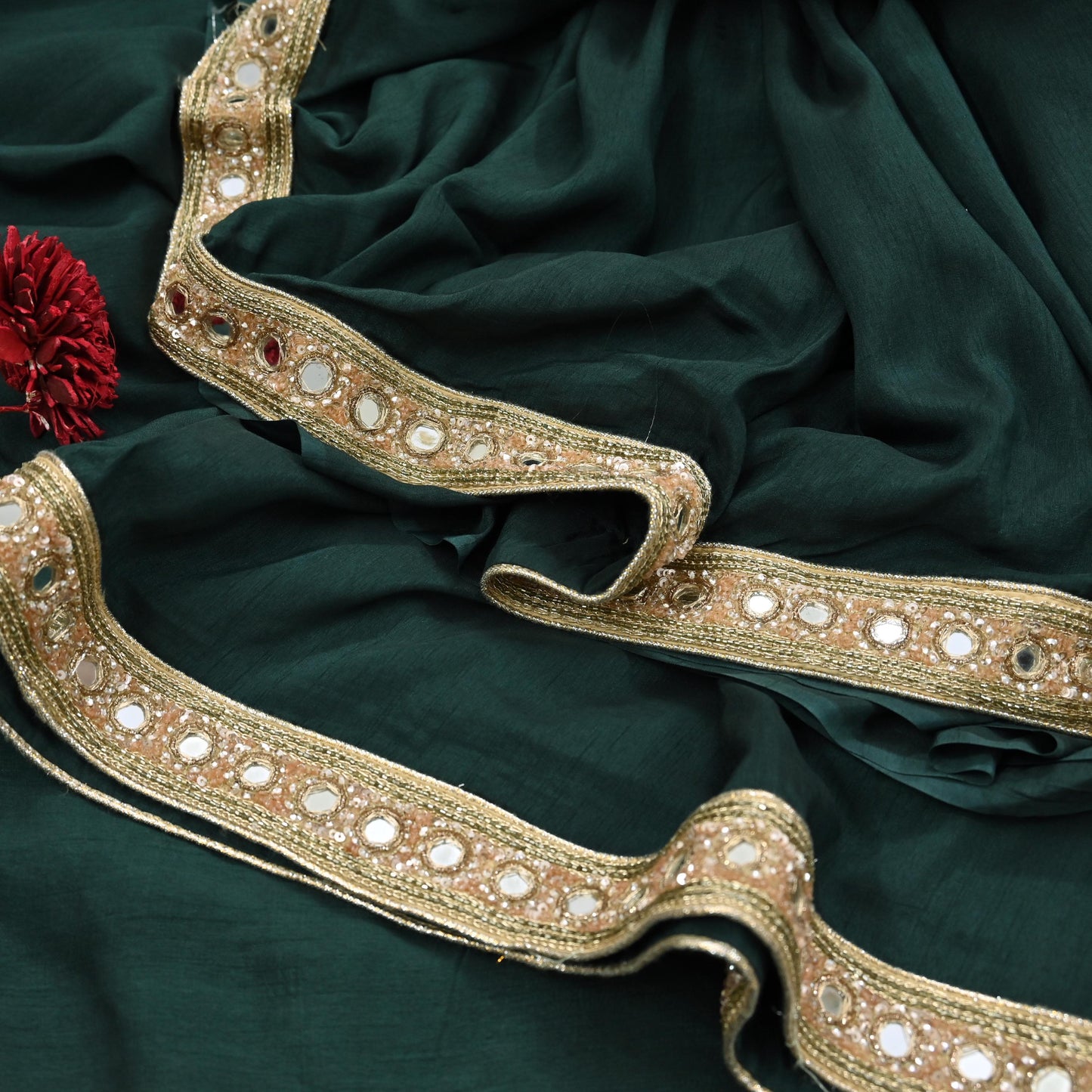 Rare Vintage Deep Green Mirror Pure Silk Saree Hand Embroidered Fabric 5.5 Yards Sari Bollywood Party Wear Ethnic Designer Saree